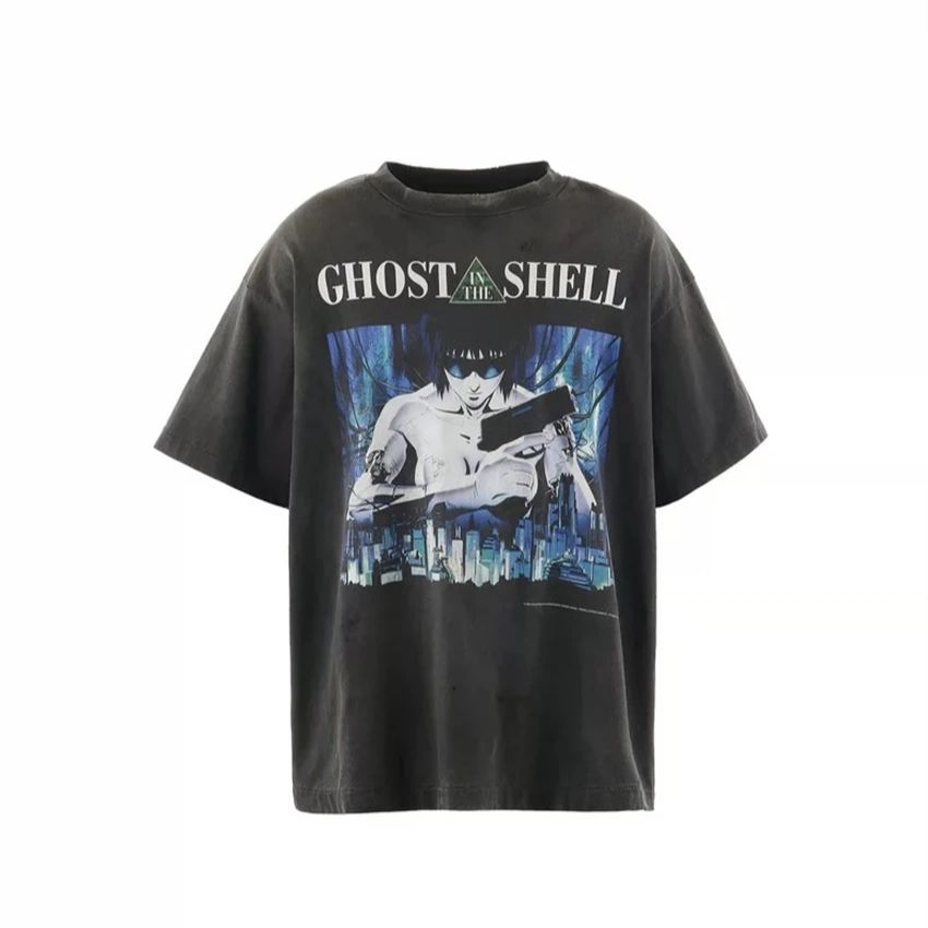 New SAINT Japanese Anime Pattern Printed Vintage Washed Round Neck Tshirt Street Casual Loose Cotton Oversize Short Sleeve S