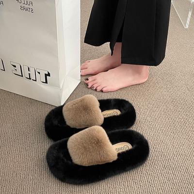 Vêtements d'extérieur Semelles épaisses Pantoufles duveteuses bicolores Modèles automne et hiver Peluche Intérieur Maison Paresseux Un mot Pantoufles en coton