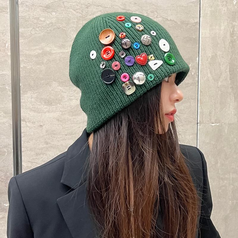 Korean Style Button Knit Beanie For Women Autumn Winter
