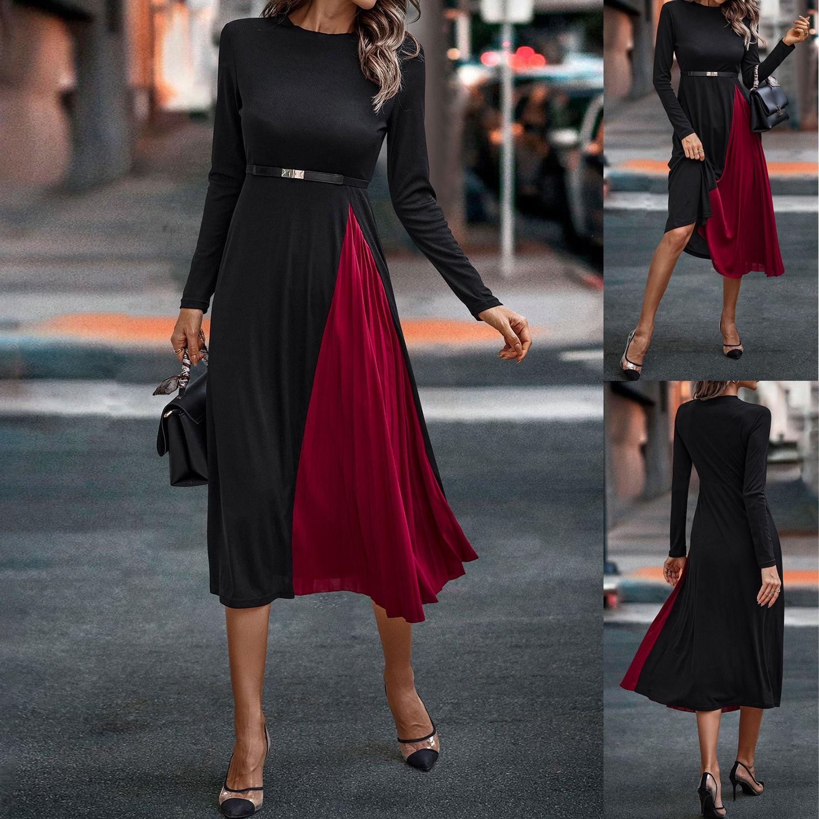 

Женское повседневное платье с цветными блоками, круглым вырезом и длинными рукавами