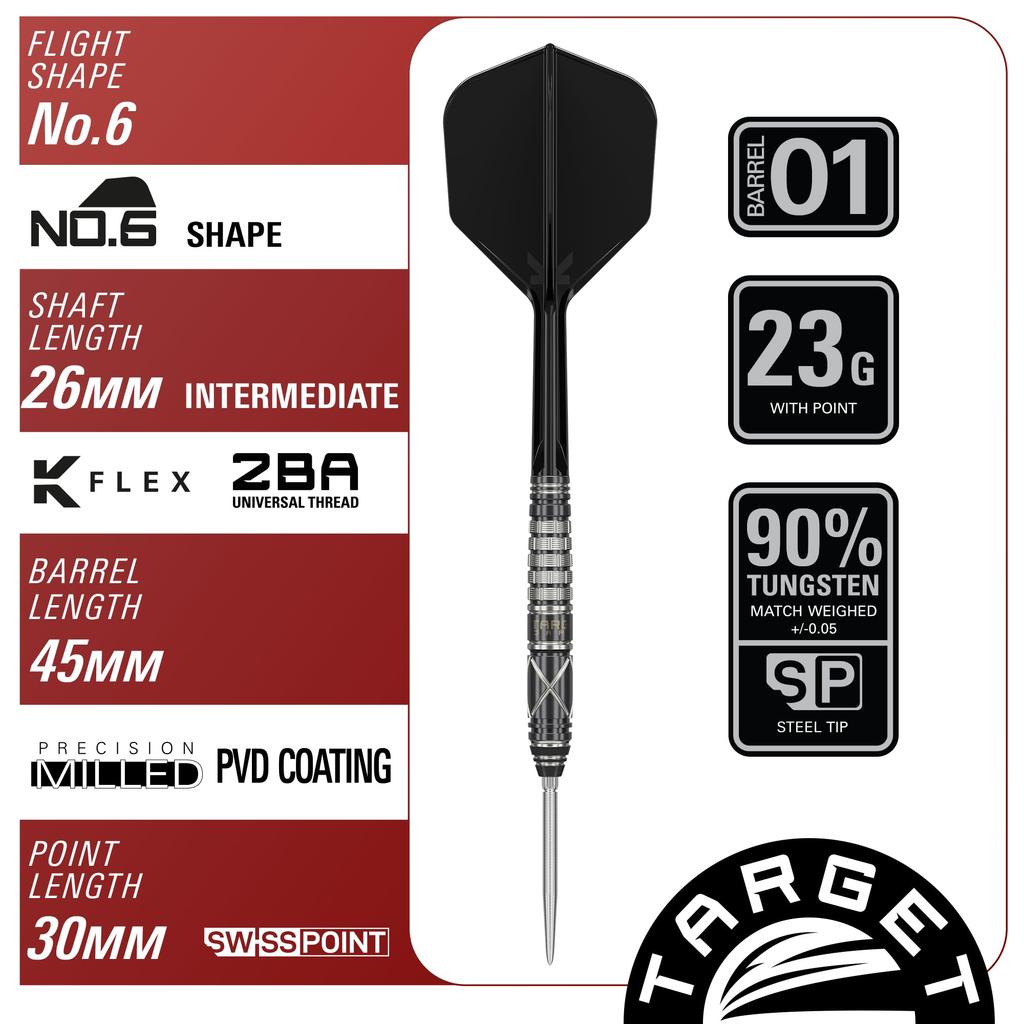 Target Japan BLACK MARQUE CHAOS Tungsten Steel Tip Darts 6 Shape 2.0 90% Set, 21G/23G, K-Flex No. (23G)