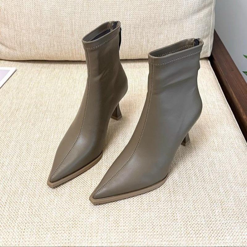 

Женские ботильоны с острым носком 2025 Новая осень Элегантная уличная обувь на высоком каблуке Женская мода Молнии Дизайнерские короткие ботинки Женские 34