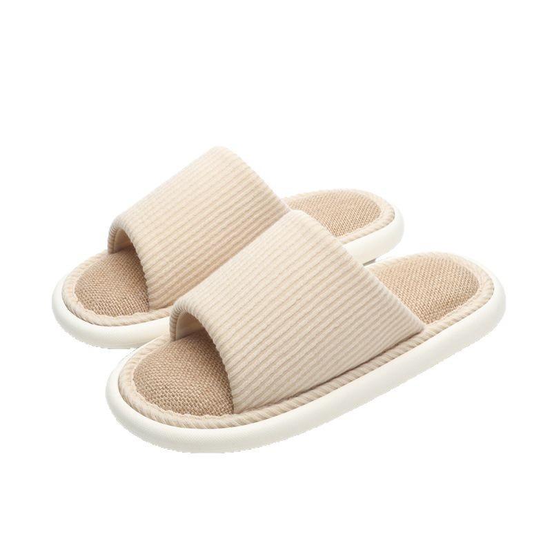 Japanese linen slippers female silent indoor couple home soft bottom non-slip breathable four-season slippers home men