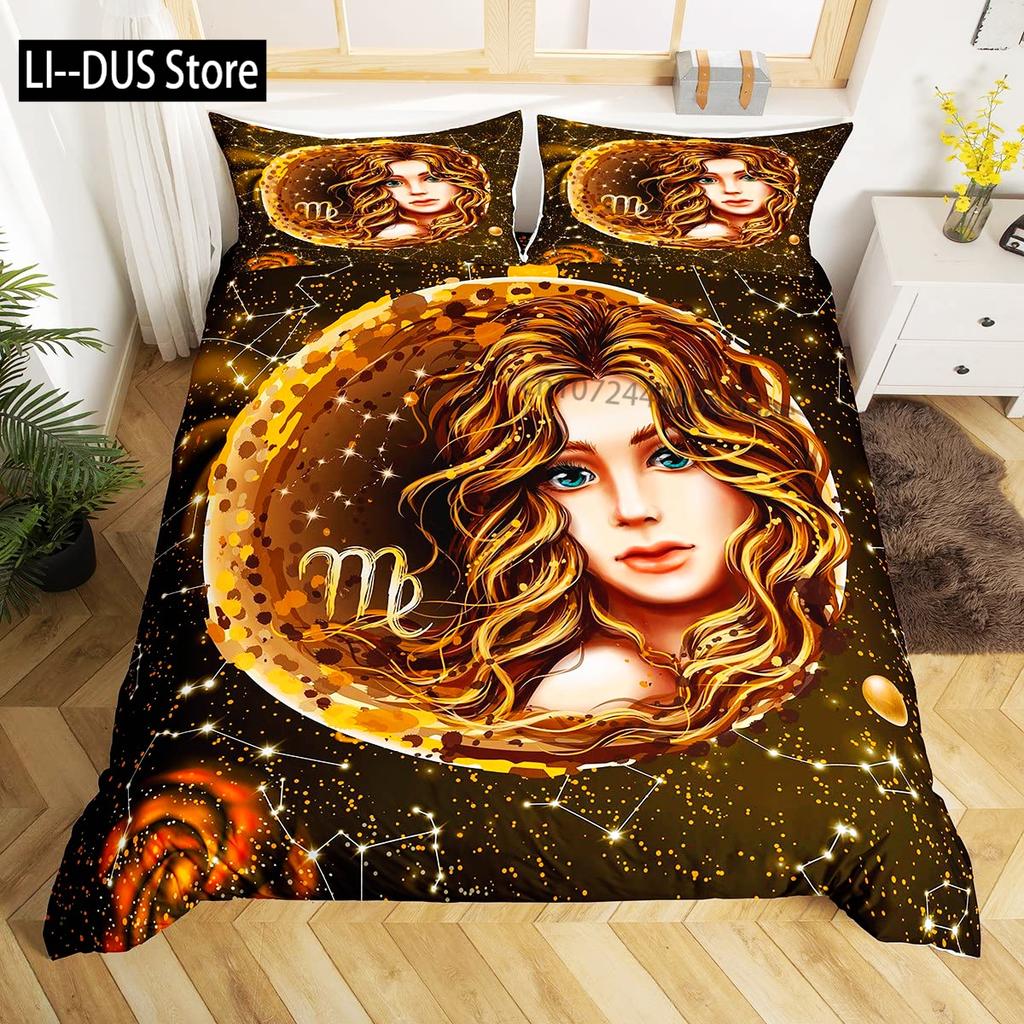 Constellation Duvet Cover Set Sky Star Map Geometric Circle Decorative 3 Piece Bedding Set with 2 Pillow Shams Queen Full Size