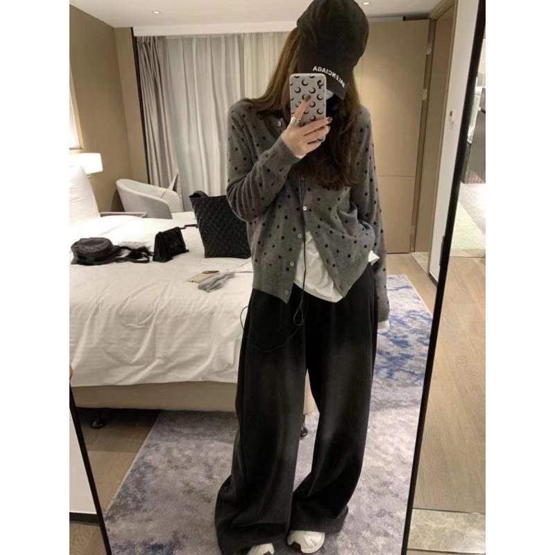 New Polka Dot Jacquard Crew Neck Single-breasted Loose Retro Small Cardigan Women's Long-sleeved Simple Casual Coat