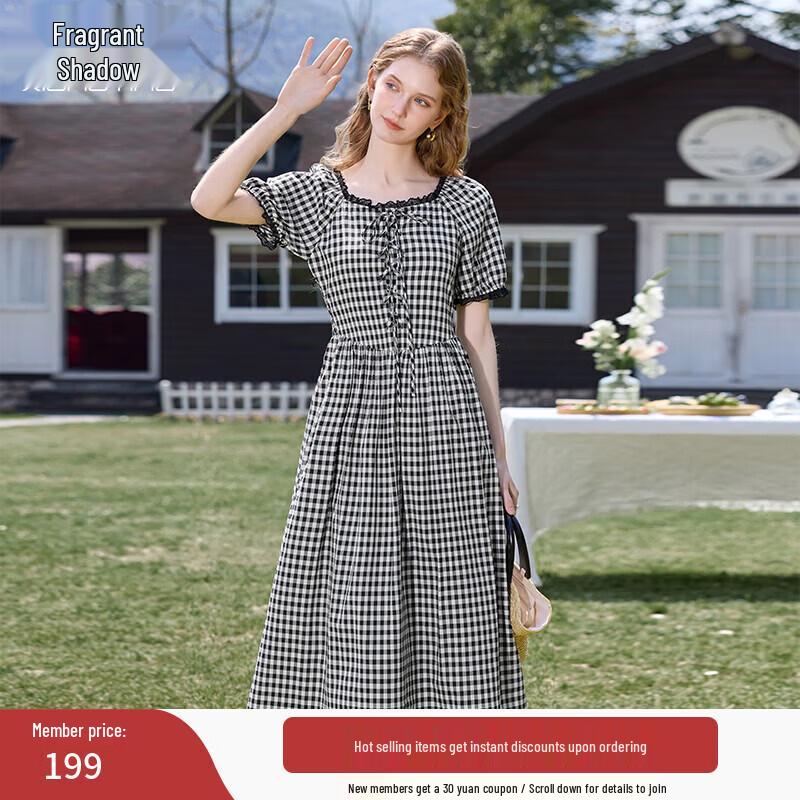 Xiangying Black & White Plaid Square-Neck Midi Dress M