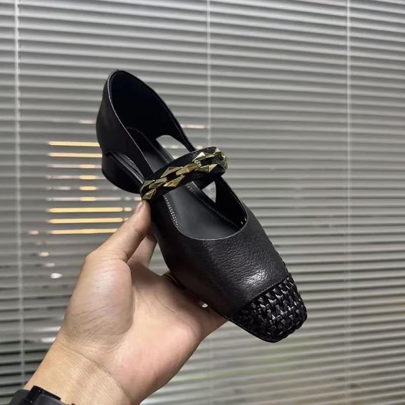 Square Toe Weave Shoes Women Chain Heeled Sandals Summer 2025 Trend Shallow Dress Woman Loafers Casual Soft Leather Sandalias