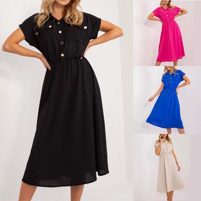 Knöpfe Freizeitkleid Midirock Damenbekleidung Einfarbige Kurzarm