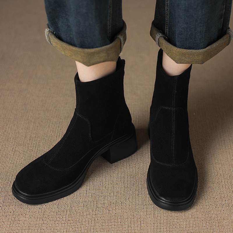 Krazing Pot Cow Suede Nubuck Round Toe Thick Heels Chelsea Boots Size 42 Concise Style Women Keep Warm Ankle Boots