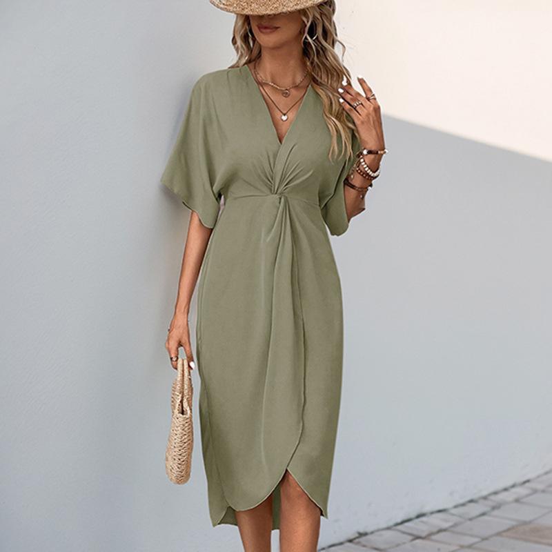 

2026 Summer Casual Minimalist Style Raglan Sleeves Solid Color Irregular Dress XL