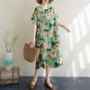 Women's Thin Cotton and Linen Loose Short Sleeved Dress with Retro Temperament Fairy Skirt