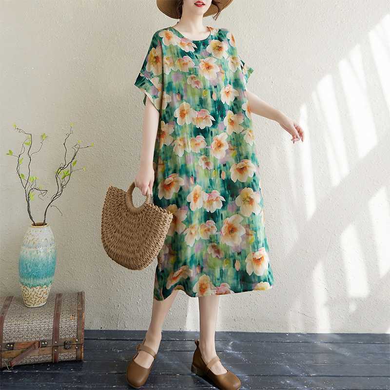 Women's Thin Cotton and Linen Loose Short Sleeved Dress with Retro Temperament Fairy Skirt