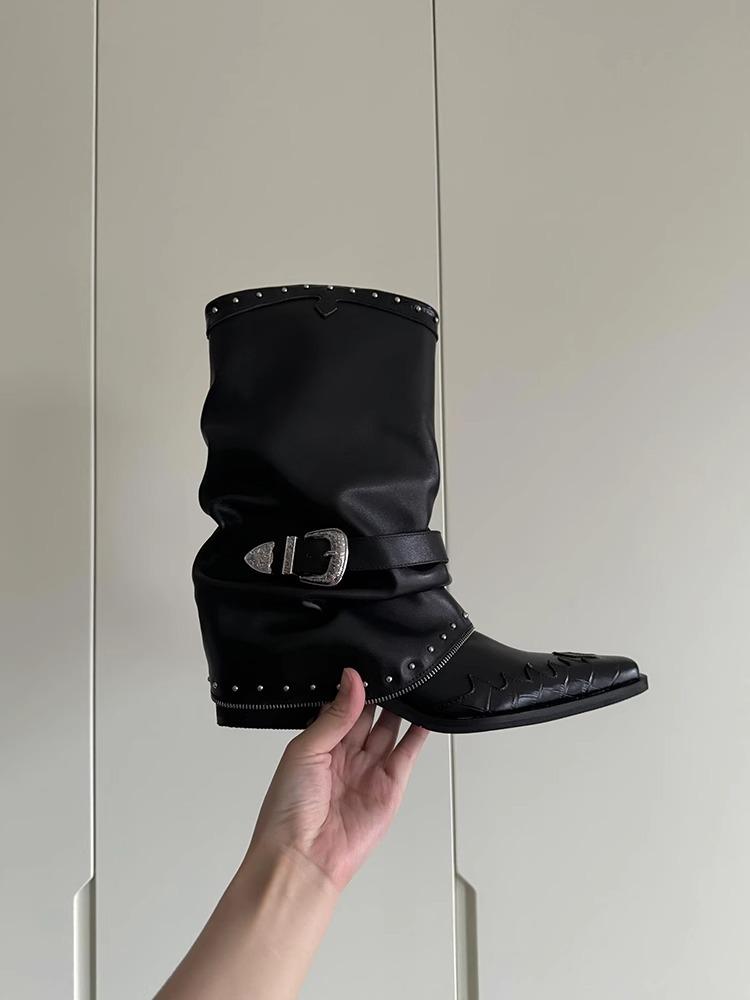 Fashion Women Ankle Boots Pointed Toe Real Leather Horseshoe Heel Short Boots Woman Rivet Buckle Luxury Shoes Ladeis Party Botas Mujer
