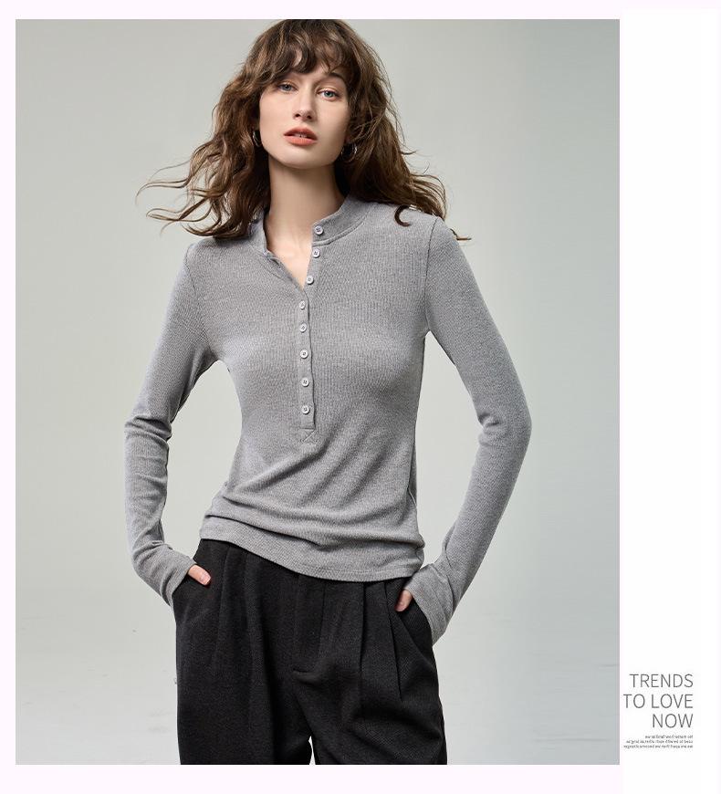 2025 Autumn Women's Long Sleeve Henley Top - Slim Fit Knit with Button Detail