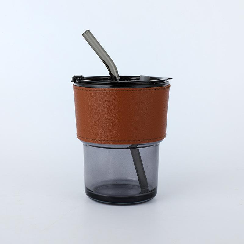 Vertical Pattern Bamboo Cup Glass Transparent Household Striped Water Cup Office Straw Cup with Lid Ins Style Coffee Cup
