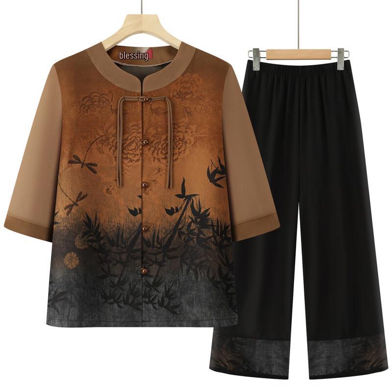 MooOu Elderly Women's Summer Chinese Style Loose Shirt Set