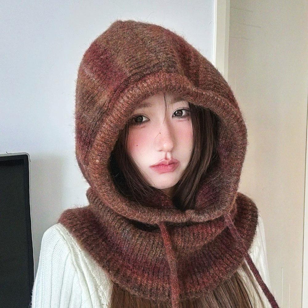 Korean Wool Knitted Balaclava Cap Women Striped Tie-dye Knit Hat Ear Neck Protect One-Piece Scarf Hat Women's Head Hood Bonnet