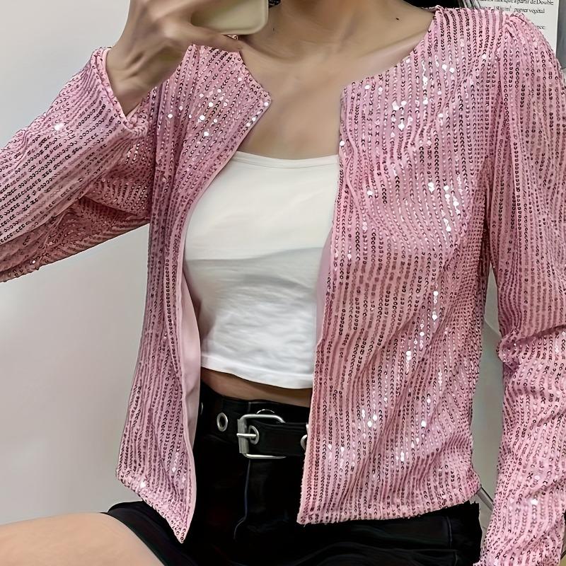 Fashion Stand Collar Solid Sequin Jacket Women Autumn Long Sleeve Loose Short Casual Jackets Ladies Elegant Round Neck Plus Size Coats Women Top 25189