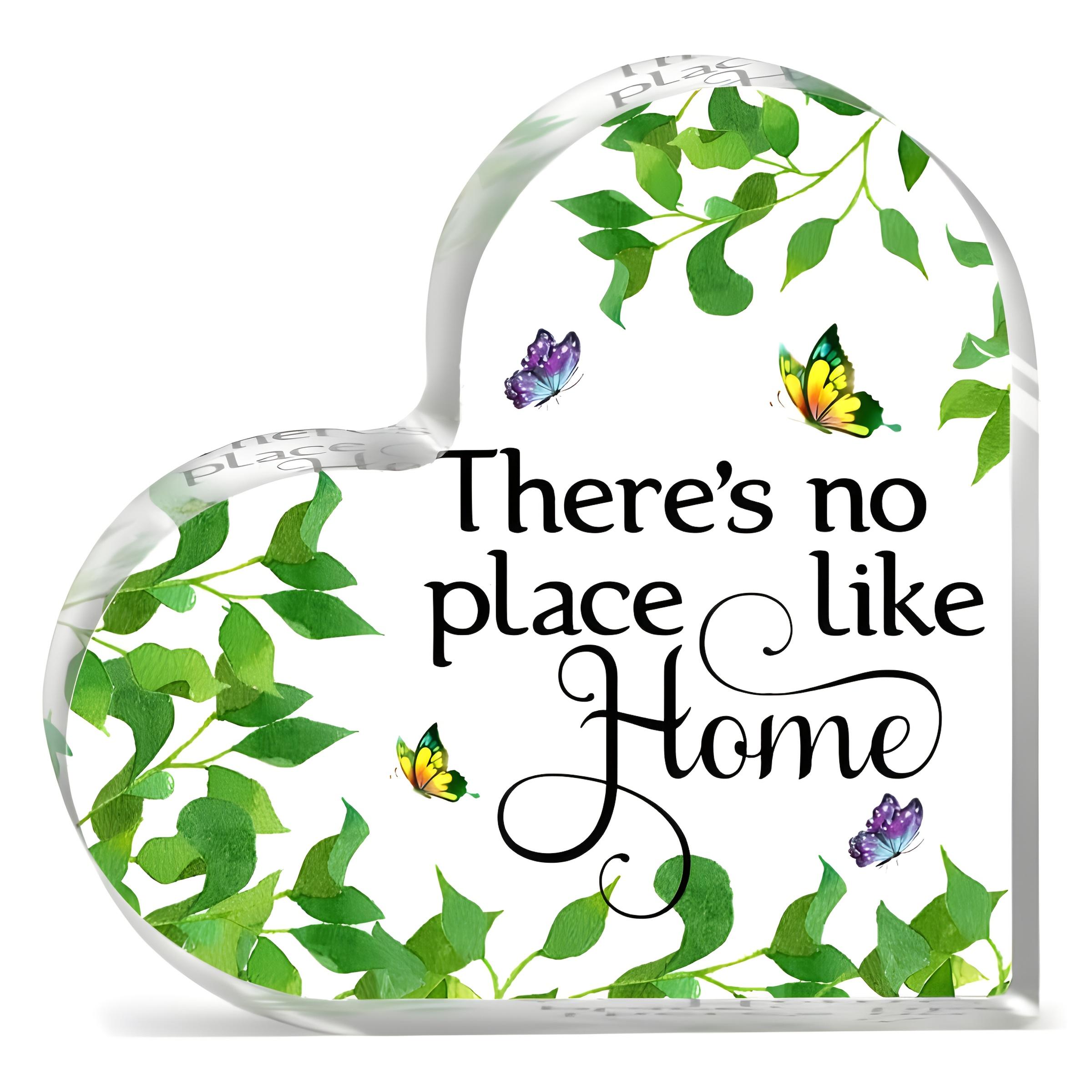 

Heart-Shaped Acrylic Plaque - There S No Place Like Home Inspirational Home Decor, Contemporary Design with Green Leaves & Butterflies, Home Tablet 10*10cm