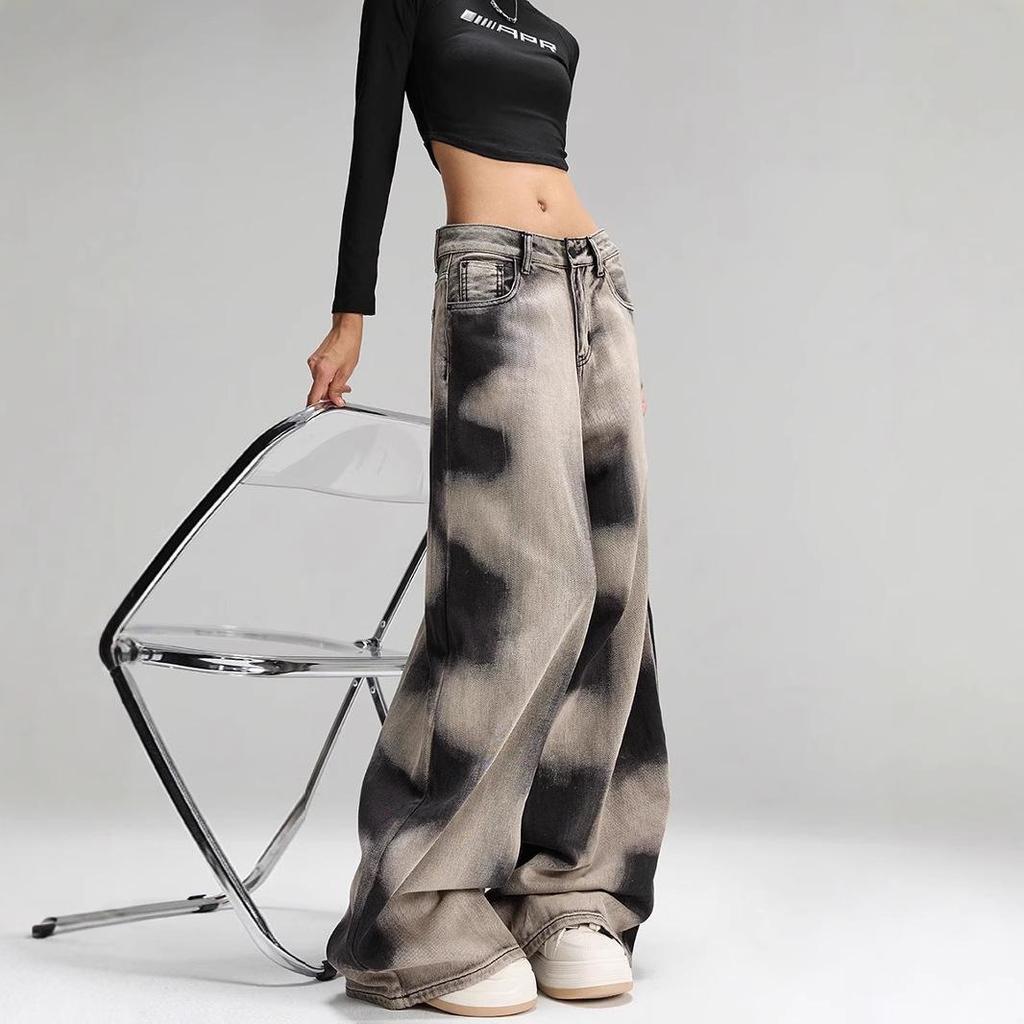 2025 Spring High Waist Wide Leg Retro Tie-Dye Distressed Women's Jeans