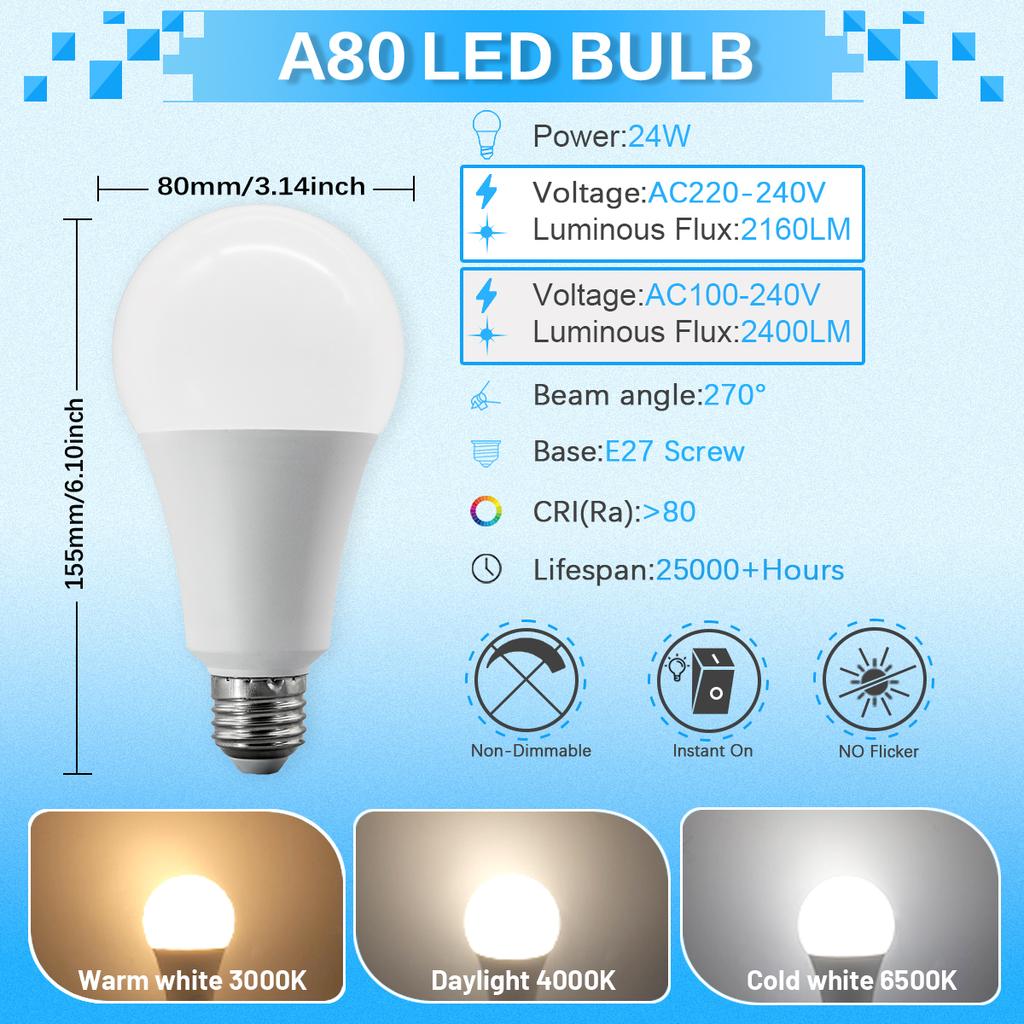 A60 A80 LED Bulb Lamps 8W 9W 10W 12W 15W 18W 20W 24W  Light Bulbs AC 220V 110V E27 Daylight Lighting for Home Foyer Room Decor