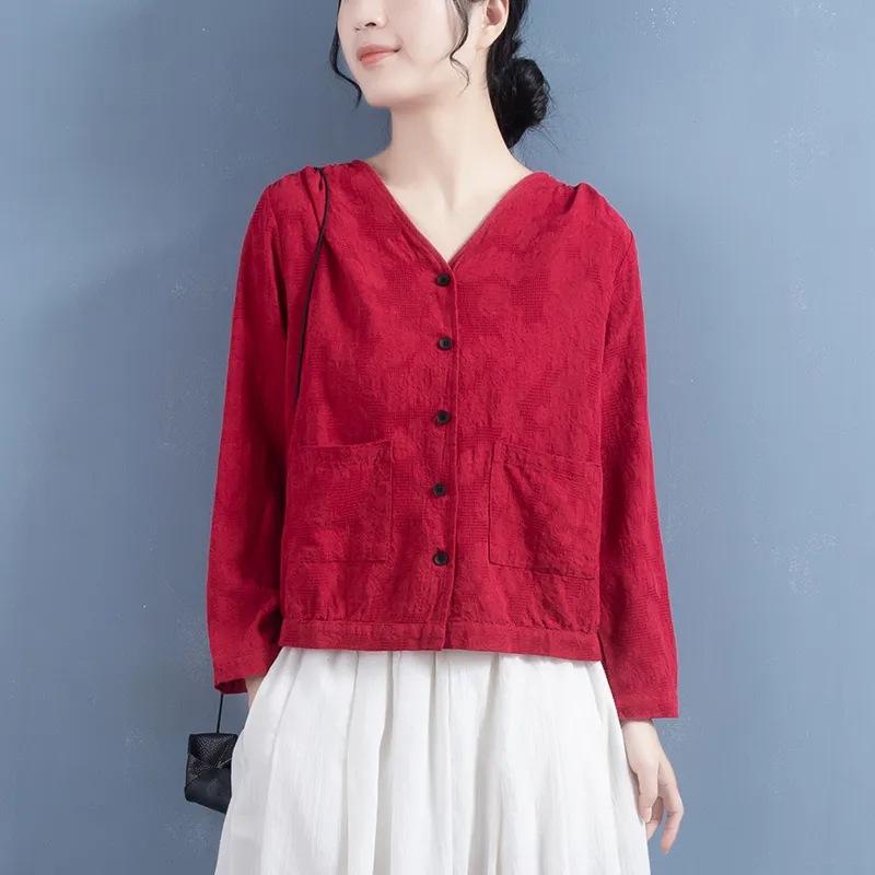 

Long-sleeved short jacket spring new casual loose jacquard large size V-neck long-sleeved top M