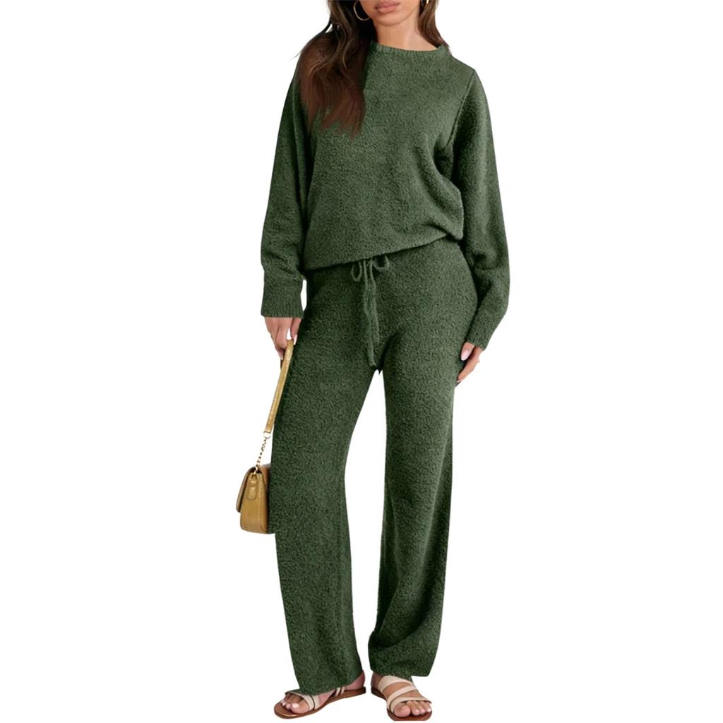 Ensemble décontracté pour femme, couleur unie, col rond, épaissi et chaud