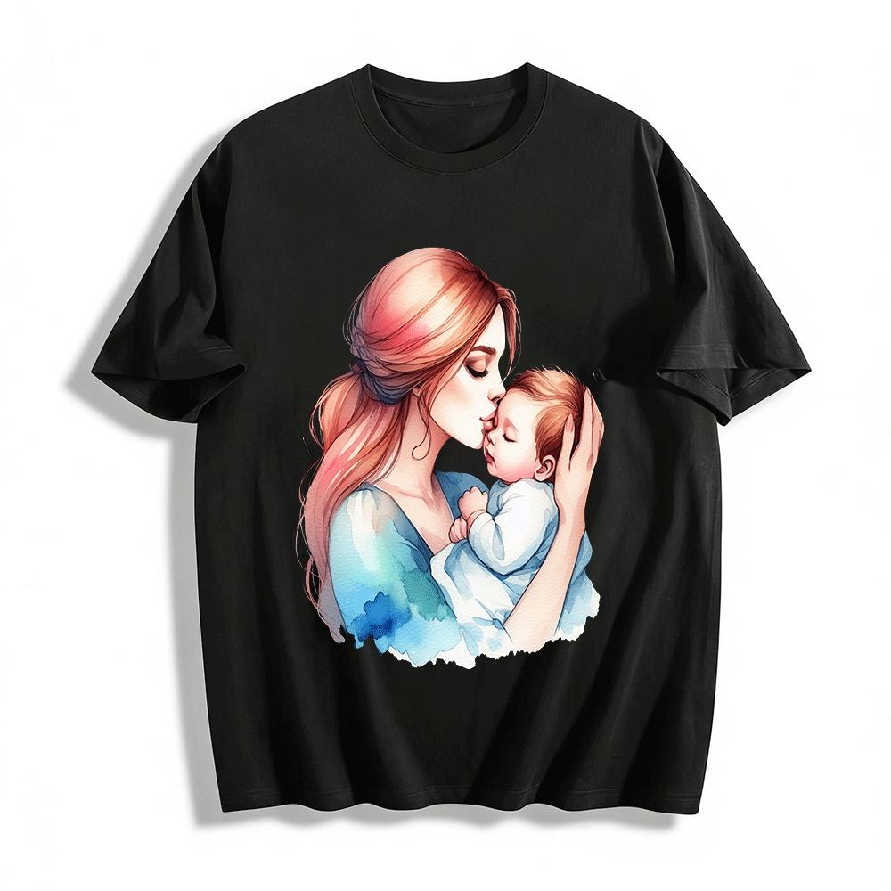 Mother And Baby Kissing Print Casual Skin-Friendly Adult T-Shirt Pure cotton T-shirt XXS