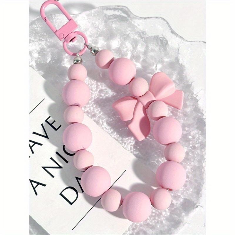 Pink Pearl Bow Keychain Mobile Phone Chain Earphone Case Anti-Lost Strap Car Keychain Beaded Decoration Backpack Pendant Accessory Bag