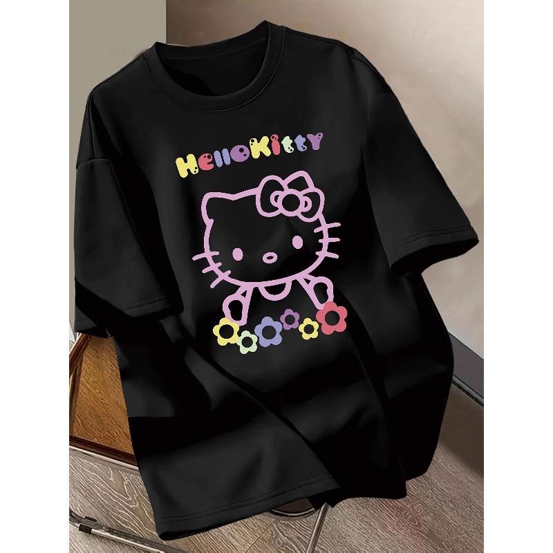 Hello Kitty Unisexs Casual ShortSleeve TShirt Black with Colorful Cartoon Print Round Neck Fun Pattern Unisexs TShirt 2XL