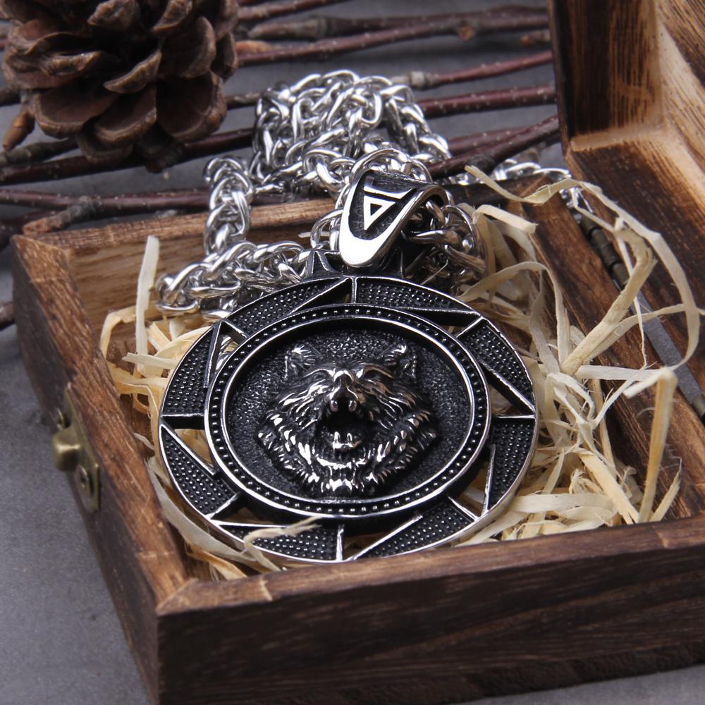 Stainless Steel Wolf Head Norse Viking Pendant Necklace for Men Never Fade with Wooden Box Christmas Gift