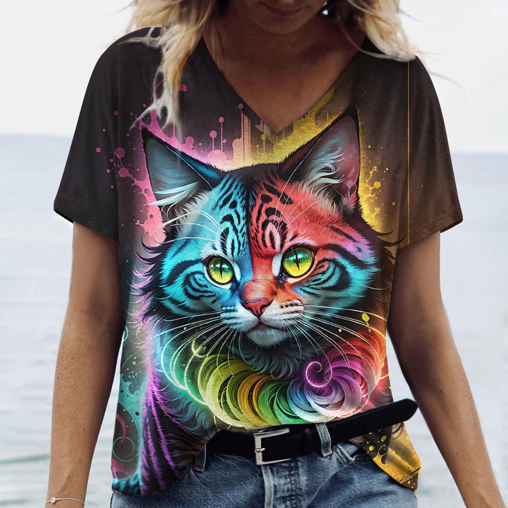 New Peacock Animal T-Shirts Cat Dog 3D Print Women V-Neck Short Sleeve T Shirt Y2K Tees Oversized Harajuku Top Female Clothing