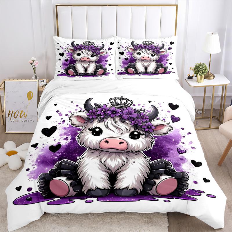 3pcs Purple Crown Cow Printed Quilt Set - Soft and Comfortable Quilt Cover for Bedroom, Guest Room and Dormitory Decorative Bedding Set 1 Du