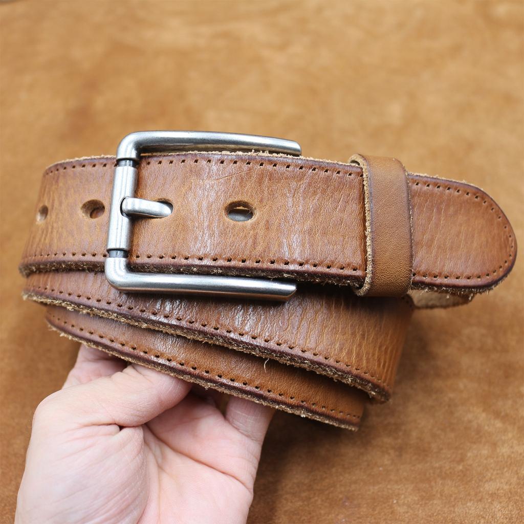 Thickened Genuine Leather Needle Buckle Top Layer Cowhide Fake Stitching Color Belt, Men's Retro Versatile Denim Belt