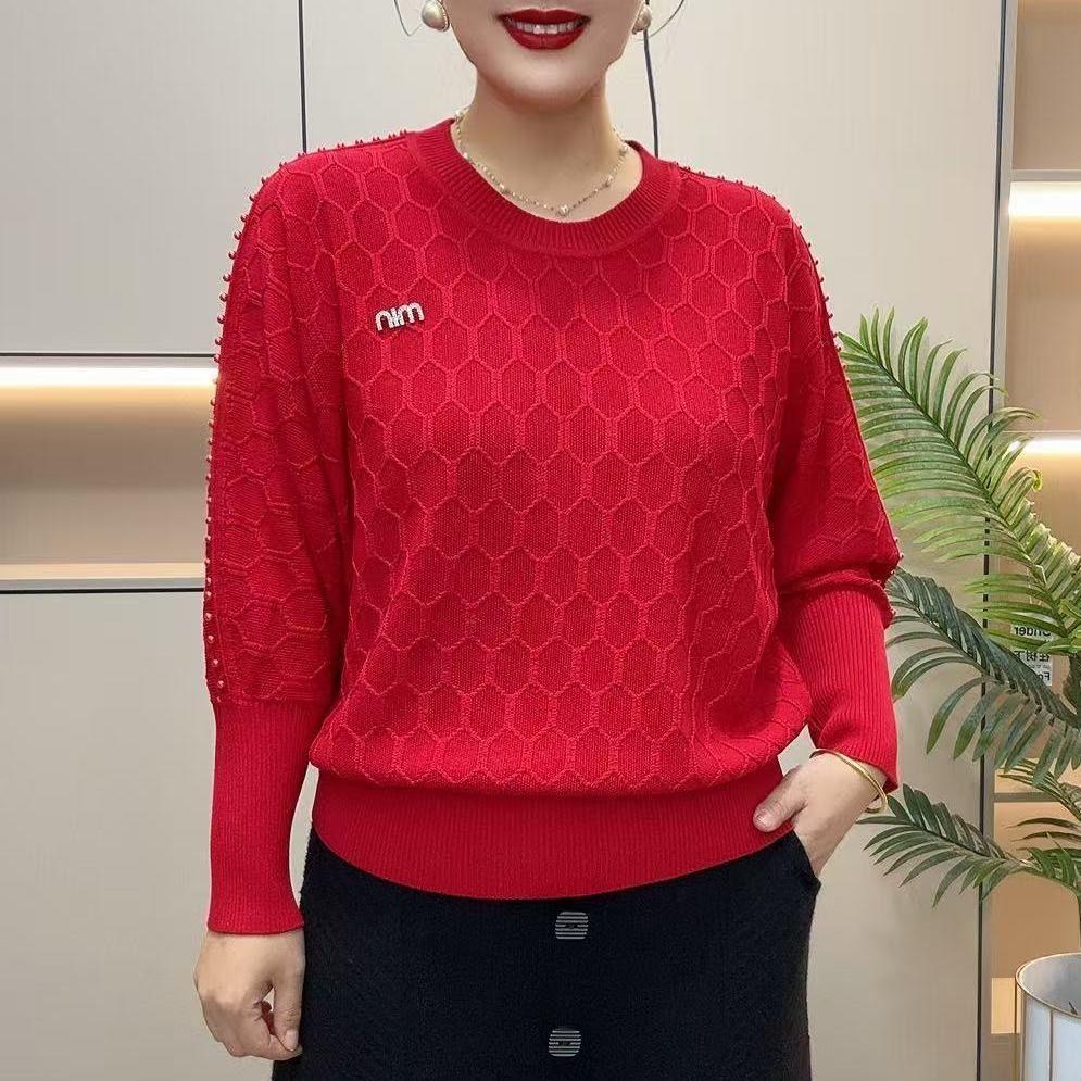 Spring Autumn Women's Plus-Size Sweater Crew Neck Loose Knit Batwing Top Solid Color Soft Knit Pullover Sweater