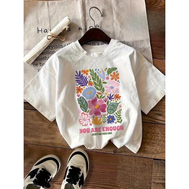 Kids Crewneck Short Sleeve Tee, Colorful Floral Letter Print 110 белый