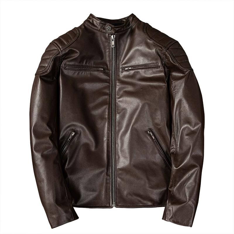 Genuine Goatskin Leather Jacket Mens Biker Coat Slim Fit Short Casual Fashion Large Size Jacket