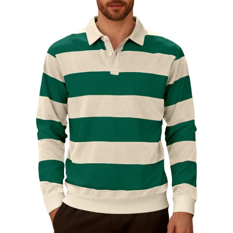 Men s Casual Striped Rugby Shirt Long Sleeve Button Neck Blouse XS зелёный