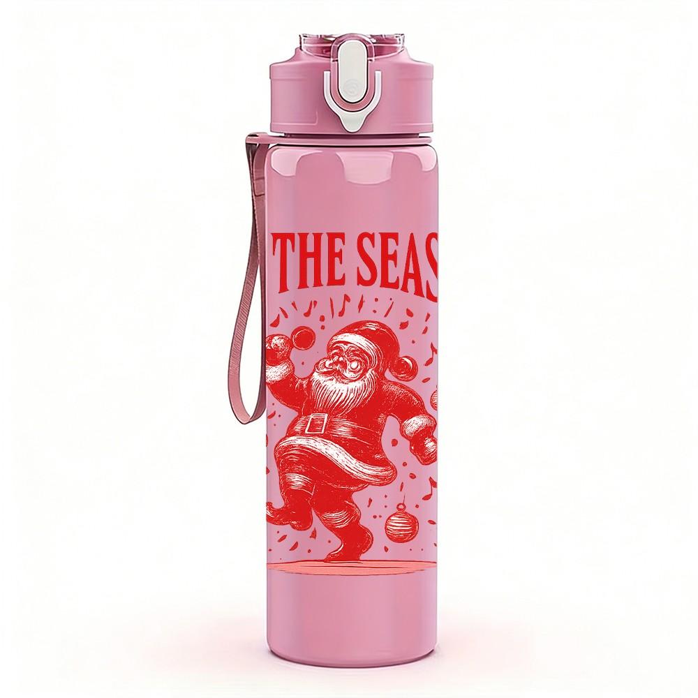 1PC Tis The Season Santa Print 750ml Color Plastic Sports Water Bottle Leakproof Flip Straw Lid Suitable for Sports Office Home Use