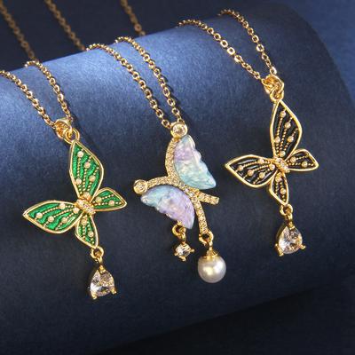 Copper Inlaid Zircon Su Drip Oil Pearl Butterfly Collarbone Chain