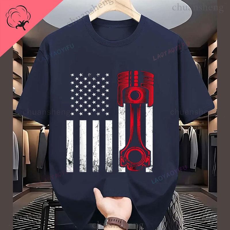 Camiseta Car Enthusiast American Flag Piston Muscle Car Gift Tshirt New Style Crewneck Cotton Short Sleeve Vintage Graphic Tee S