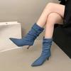 Casual pointed-heeled women's medium boots 2025 autumn new fashionable versatile comfortable pleated stacked boots