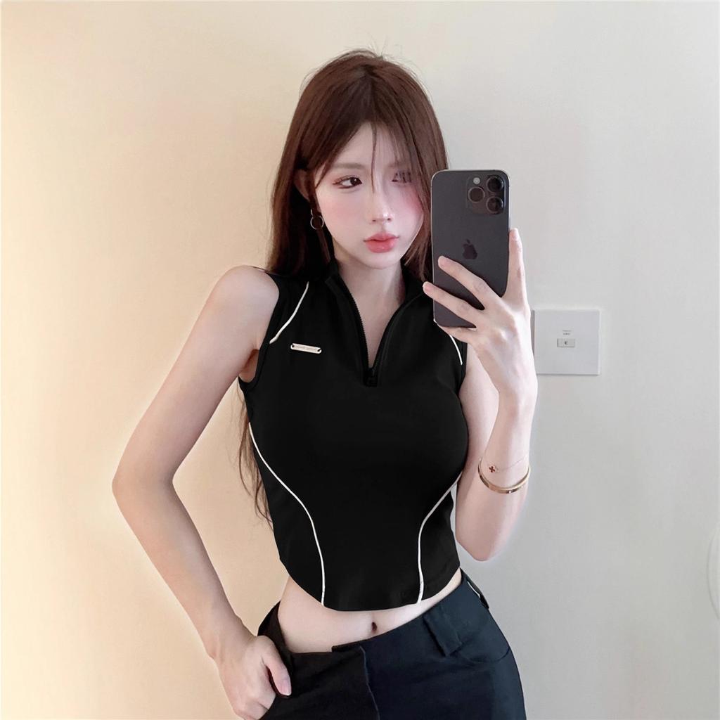 Sports Half Zipper Bottom Vest Women's Outer Wear Small Suspender Lines Spice Girl Skinny High Waist Sleeveless Top