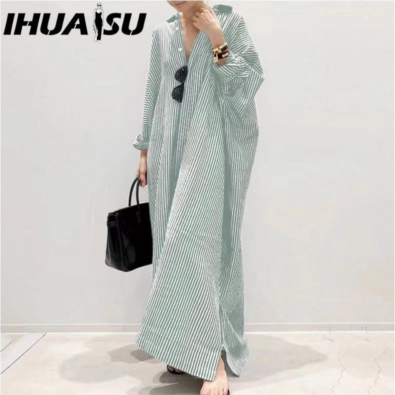 IHUASU Rochie Maxi Casual cu Mânecă Lungă, cu Nasturi, cu Dungi, Stil Coreean pentru Femei