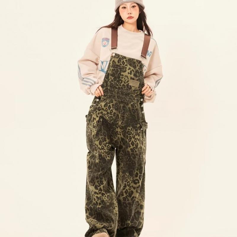 

Унисекс Ретро Джинсовый Комбинезон с Леопардовым Принтом - Повседневный Прямой Крой M