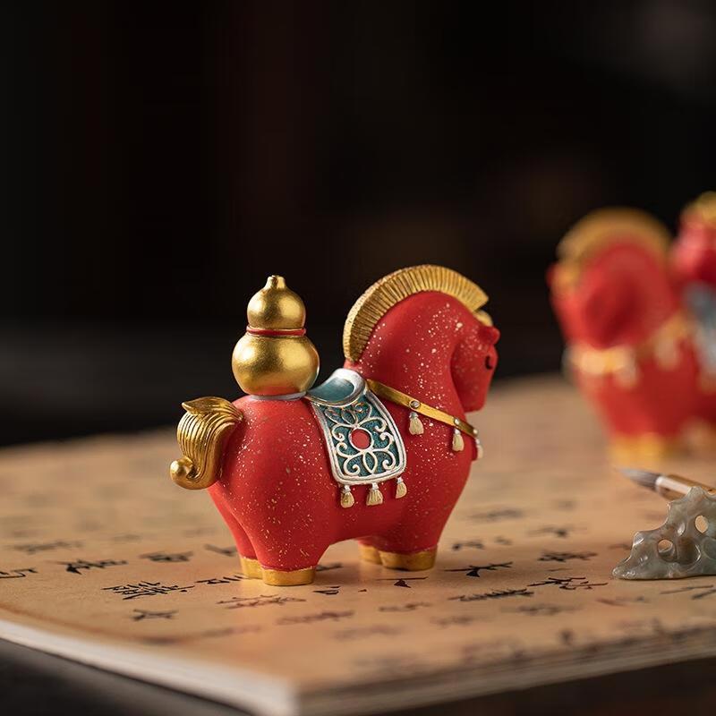 JINGRUIXIANG Guochao Rotating Tang Horse & Yuanbao Wealth Figurine Pair