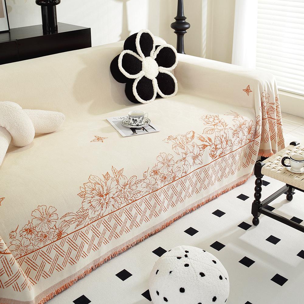 Autumn Orange Flower Chenille Sofa Towel for the Living Room, Nordic Style Home Decor with Tassel Edges, Three-Seater Sofa Set