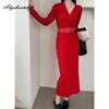 Korean Style Autumn Winter Women Warm Sweater Dress V Neck Beige Black Red Knitting Dress Knitted Office Lady Dress With Belt