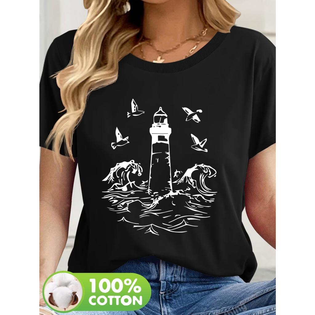 Beach Tower Short-Sleeve T-Shirt for Women with Printed Designs, A Basic Summer Piece for Casual Wear, Featuring A Round Neck and Machine Washable