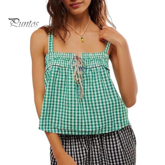 

Сексуальный жилет женский клетчатый принт слинг-топ со шнуровкой свободный крой короткие топы регулируемый жилет с украшением на груди S зелёный